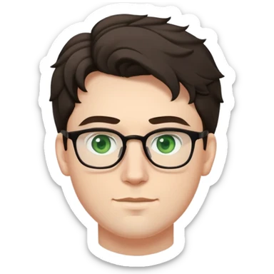 young man with pale skin, larger face, dark tall voluminous slightly wavy hair styled up high on head but not curly, wearing glasses with green eyes and very light stubble, with a slight smile sticker