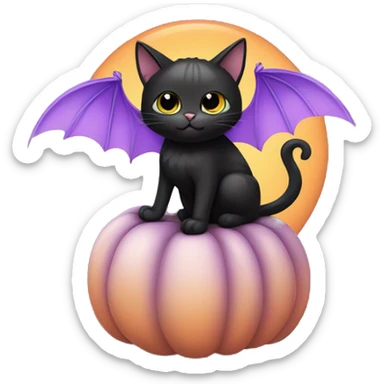 Cute black cat with bat wings sitting on a pumpkin holding a pastel Purple Heart sticker