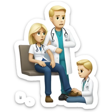 Scared white male patient with a blonde female doctor examining his foot sticker