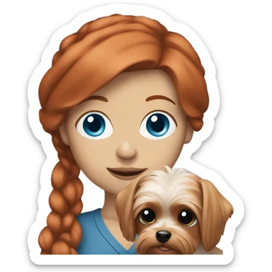 a red headed, blue eyed white woman holding a yorkie sticker