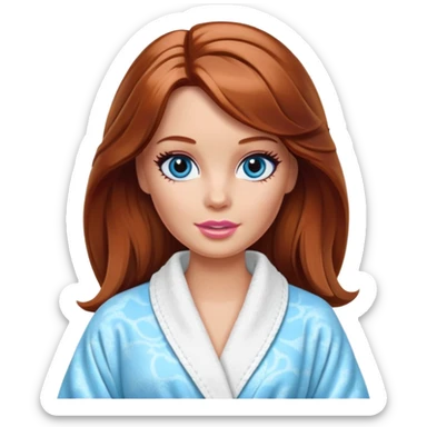 Barbie's face eyes blue with shoulder-length reddish-brown hair, makeup, cream smeared on her face , in a bathrobe with sticker