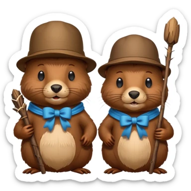 add a bow on the head of one beaver with another beaver without a bow on its head in a lodge of sticks and logs sticker
