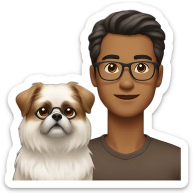 Young man with brown pompadour and glasses with white and brown Pekingese dog sticker