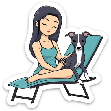 Very thin Chinese woman with long black hair relaxing on a spa lounger with exactly ONE whippet dog. CRITICAL REQUIREMENT: the whippet must be ONE SOLID VERY DARK CHARCOAL GREY (almost black-grey) COLOR from nose to tail with NO WHITE or LIGHT AREAS anywhere - NO white face, NO white muzzle, NO white chest, NO white paws, NO white tail tip - NOTHING BUT A SINGLE SHADE OF VERY DARK GREY throughout the entire animal sticker