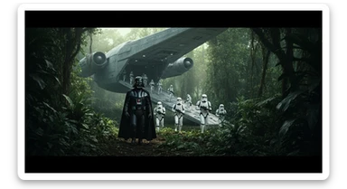 cinematic still, Medium shot, amazon jungle, Darth Vader around stormtroopers coming out from starship on ground, they are exploring the jungle, inspired by StarWars movie, captured by arri alexa sticker