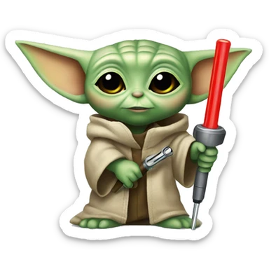 Baby Yoda is holding yellow screwdriver sticker