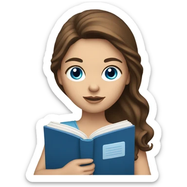 White skin woman with long brown hair, blue eyes, reading a book sticker