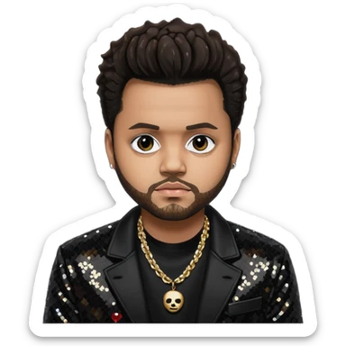 The Weeknd with black sequin jacket, black shirt with necklace, dark brown hair sticker