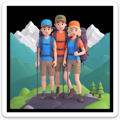 back packer couple posing, mountains in background,   close up pose sticker