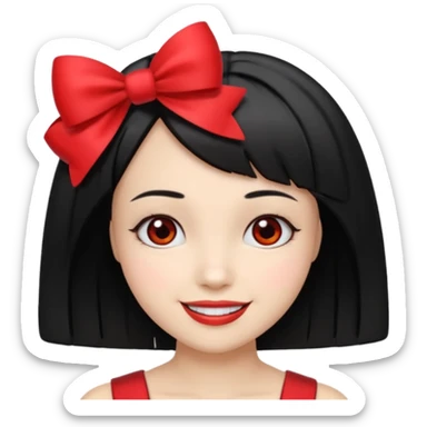 ["Fair skin female, black bob haircut, red bow clip at crown."] sticker