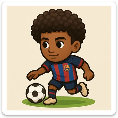 Add afro hair to Raphinha, Barcelona football player, dribbling a football, wearing Barcelona kit. The style should resemble emoji style. sticker