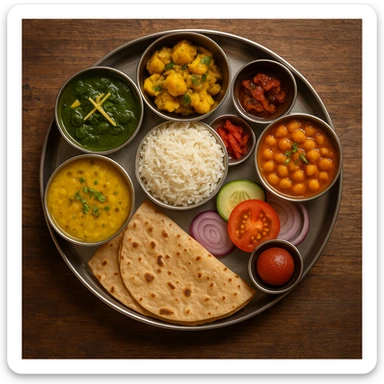 an Indian thali with various vegetarian dishes, neatly arranged on a round metal plate sticker