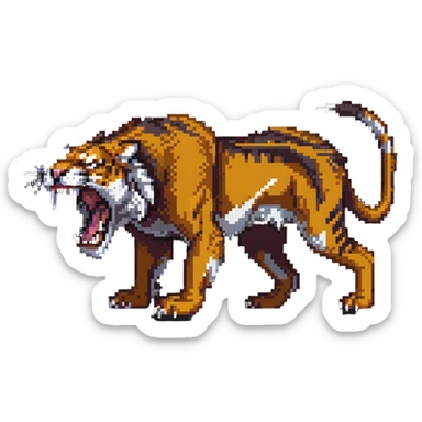 saber-toothed tiger with enormously long fangs, exaggerated canine teeth almost reaching the ground sticker
