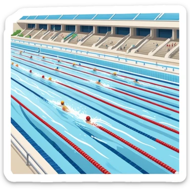 An icon featuring an Olympic swimming pool with multiple lanes and swimmers racing side by side. Splashes and lane dividers highlight the competition atmosphere. Transparent background emphasizes the energy, speed, and intensity of professional swimming events. sticker