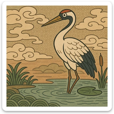 crane bird standing in a pond, ukiyo-e style illustration sticker