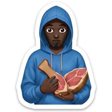 MF DOOM in a blue hoodie holding a piece of meat sticker
