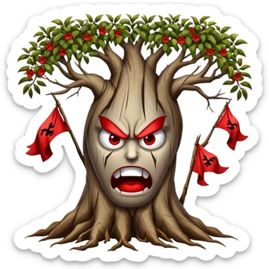 roots with red flags on the tips, tree, angry faces hanging on the tips of the tree branches sticker