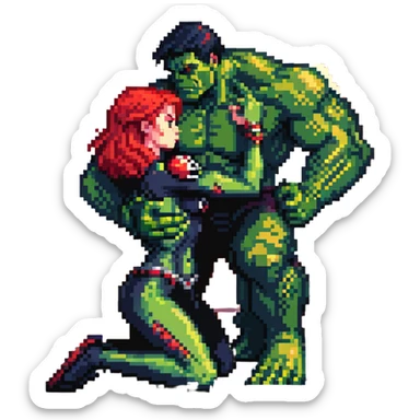 Hulk and Black Widow lullaby scene, Black Widow with red hair calming down the green Hulk, sun's getting real low gesture, Hulk transforming back sticker