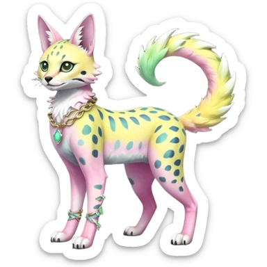 Epic complex knightly divine glorious futuristic detailed dark dusky gloomy pastel pink-pastel-green-pastel-yellow-white-gradient-iridescent, realistic Fakémon-Sprigatito-Floragato-Meowscarada-Trico-Sergal-Serval-Vernid-creature (full body) with bracelets and anklets and fairy wings sticker