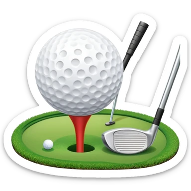A golf ball on a tee, with a golf club placed beside it on the lush green fairway. The background shows a serene golf course with neatly trimmed grass and a clear blue sky, emphasizing the elegance and precision of the game. sticker