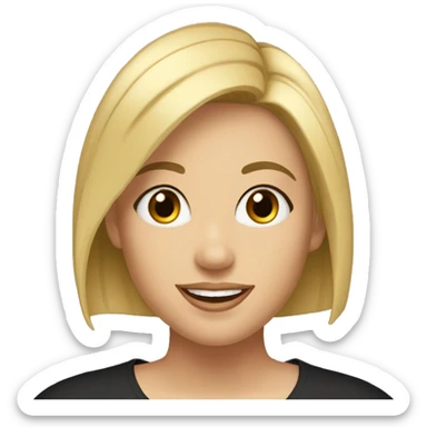 Beautiful girl in a black shirt with short straight blonde hair, thin lips, thin eyebrows, smiling.  sticker