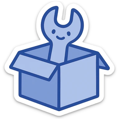a box with a cute, distinct, playful wrench inside, flat color clip art style using three blue shades from the palette, minimal, no text sticker