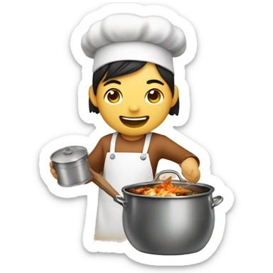 Asian with a cooking pot with a happy dog in it not being eaten sticker