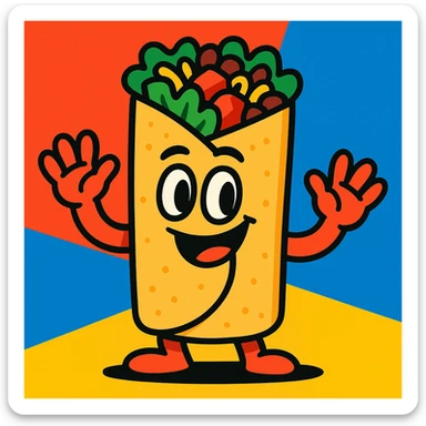burrito with hands, cartoon style, vibrant colors sticker