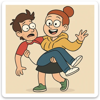 A man Raglan sleeves with Red t-shirts blue jeans white shoes carried by a cute a girl yellow hoodie black skirt green shoe  sticker