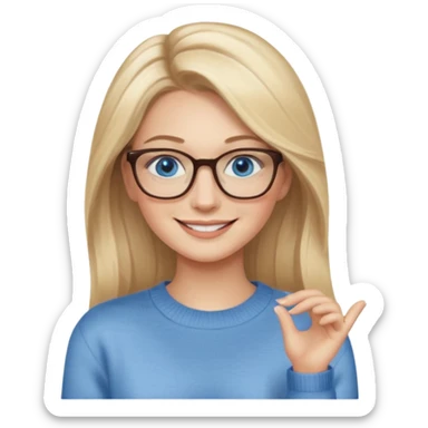 hyper realistic glamourous pale woman, Long blonde balayage hair, smiling, beige sweater, blue eyes and glasses sticker