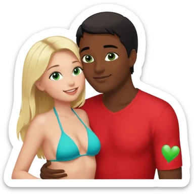 Blonde Girl with little crown Green eyes in Bikini kissing Male subject without crown black hair blue eyes Background living room  sticker