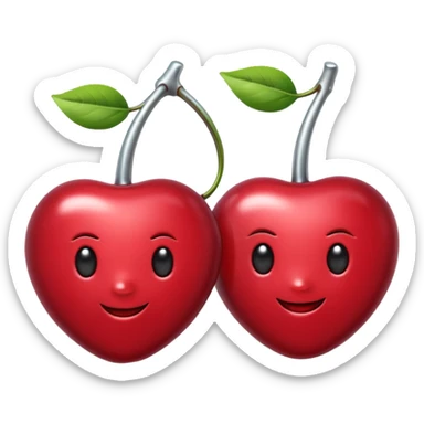 A pair of cherries emoji made of polished silver chrome, smooth rounded shapes, glossy metallic finish, soft highlights and reflections, cute proportions, iOS emoji style, centered, clean white background, no text sticker