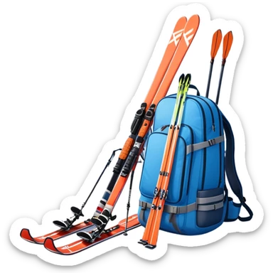 An icon showing a close-up of a biathlon backpack, a pair of skis, and a biathlon rifle resting against snow. In the background, a beautiful winter landscape with snowy trees and mountains under a clear sky. Transparent background reflects the sport’s precision and rugged endurance. sticker