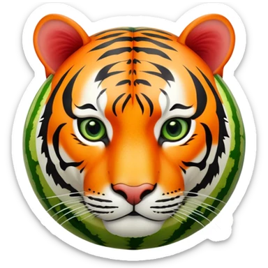 A round watermelon with green rind and a realistic tiger head attached to it sticker