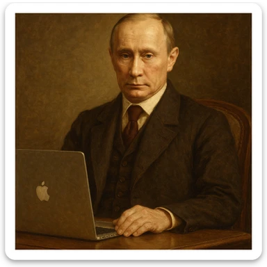 Historical leader portrait-style Vladimir Putin with a MacBook on a desk sticker