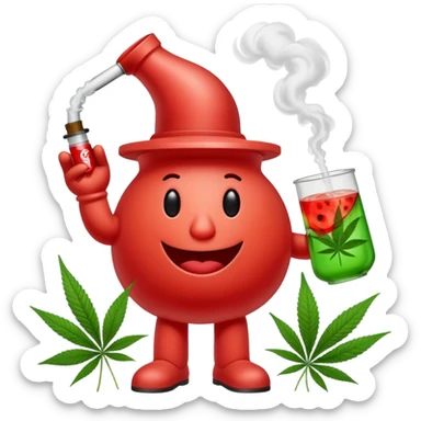 Kool-Aid Man character with legs smoking a bong with cannabis leaf nearby sticker