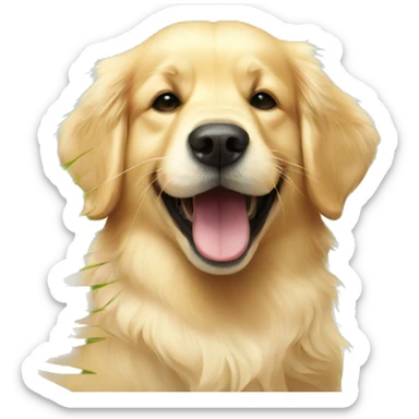 golden retriever with coconut in hand and licking the coconut sticker