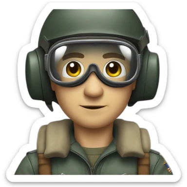 a Caucasian 1940's air force pilot, with a leather helmet and goggles, facing left but turning his head towards the front sticker