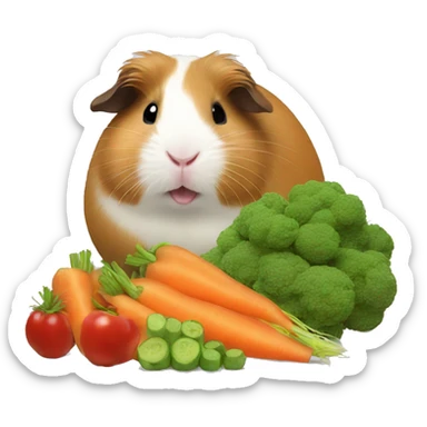Guineapig eating a huge pile of veggies and fruit sticker