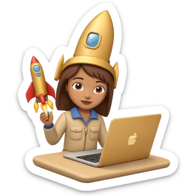 3D clay character with laptop and small rocket launching, cute rounded style, deep green (#0B3D2C), gold rocket, cream laptop, soft shadows, transparent background sticker