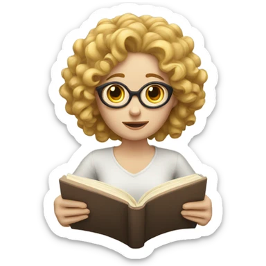 pale woman with curly hair reading sticker