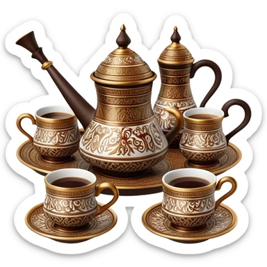 Turkish Coffee Set – Cinematic Realistic Turkish Coffee Set, depicted as an elegantly arranged ensemble of ornate coffee cups and a traditional cezve pot, adorned with intricate patterns and rich, warm colors, rendered with detailed textures and soft ambient lighting that captures its cultural heritage. sticker