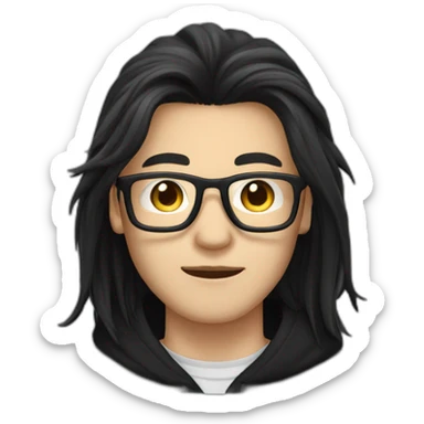 White skin Asian Guy with long black hair and square glasses and black hoodie sticker