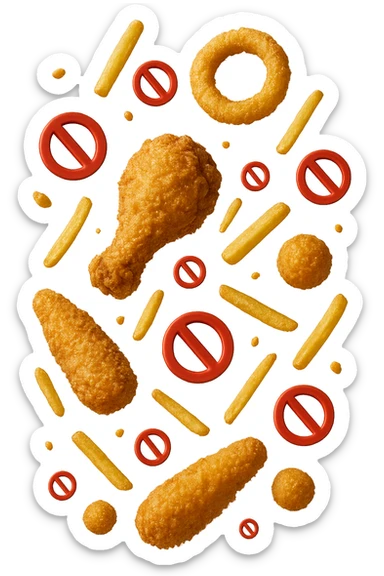 cibi fritti cadono verticalmente dall'alto con piccoli divieti in 3d, iperrealistico 4k sticker