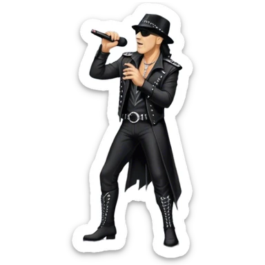 Icon for Rock Music: Klaus Meine holds a microphone stand in his hands performing with Scorpions on stage, with powerful stage presence. The vibe should capture the energetic and iconic sound of Scorpions, with vibrant lighting and a stadium atmosphere. Transparent background. sticker