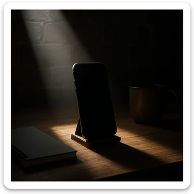dark room in loft style, iphone lies on a wooden table on a stand, next to it lies a notebook and a cup, a beam of light shines directly on it and on the table sticker