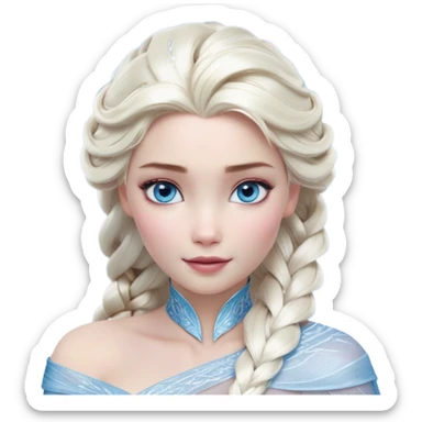 Cinematic Realistic Elsa Portrait, depicted with lifelike skin texture, soft natural lighting, and intricately detailed platinum blonde hair styled elegantly. Her striking, expressive blue eyes exude confidence and grace, complemented by a serene and regal expression. She is dressed in her signature icy attire, with shimmering fabric textures and delicate folds that catch the light beautifully. The portrait features a soft, enchanting glow with a cool, radiant finish, capturing the essence of timeless elegance in a realistic and painterly style, evoking a sense of depth and authenticity. sticker