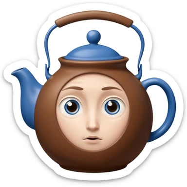 brown teapot, with a concerned expression including big blue eyes. It has human legs on the bottom, and a human hand connected to its handle. sticker