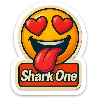 mouth open with tongue out heart shaped eye add the words “ Shark One " in White sticker