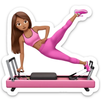 girl doing a plank on a pilates reformer in a pink workout set with long brown hair sticker